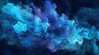 Composition of glittering liquid, swirling paint water, shimmering shades of blue, and grainy texture forming a captivating smoke cloud on a dark and abstract black background. Generative AI