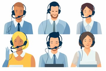 Help desk, call center. Customer service, hotline operators with headsets. Online technical support 24 h. illustration, Generative AI