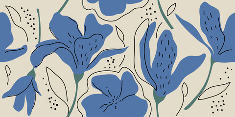 Retro seamless floral pattern. Background with dark blue flowers with linear elements. Simple style. Flower silhouettes.