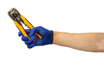 Electrician. Electrician's hand with tools isolated on white background. Electrician's tool. workforce. Automatic insulation stripper.