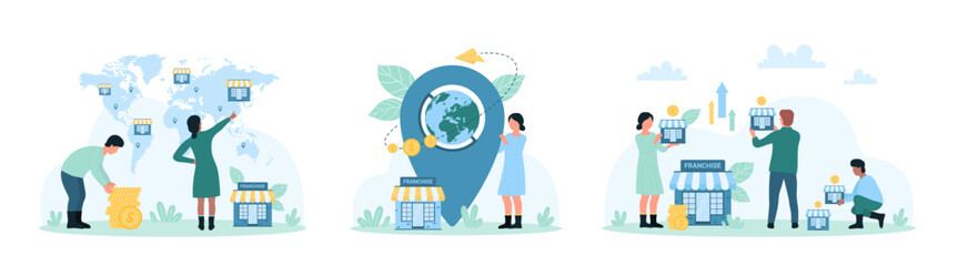 Wall Mural - Franchise, global business expansion set vector illustration. Cartoon tiny people holding money and small stores, location pin with globe inside to expand company with new franchise enterprises