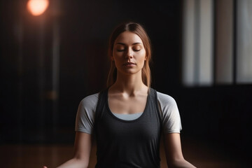 Canvas Print - Pretty caucasian woman sitting cross legged with eyes closed in a yoga class. Generative AI