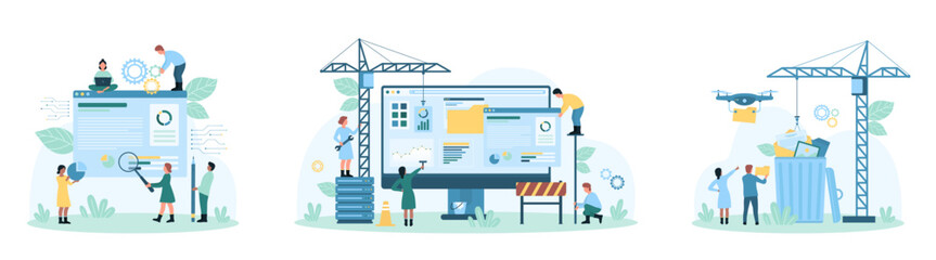 File data management set vector illustration. Cartoon tiny people manage digital archives with information, clean trash basket with software, study and research documents with magnifying glass