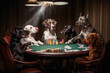 Different kinds of dogs playing poker at a round table. Generative AI