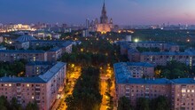 Moscow State University Night To Day Transition Timelapse Before Sunrise Aerial View From Rooftop. Popular Landmark In Moscow The Capital Of Russia. Early Morning Mist