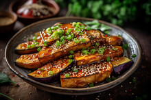 Delicious Honey Garlic Eggplant Dish Featuring Fried Eggplant Pieces Coated In A Savory Sauce Made With Garlic, Honey, Soy Sauce, And Chili Pepper. Garnished With Fresh Green Onions. Generative AI.