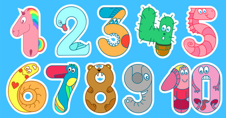 Funny numbers for kids from one to ten sticker set. 1, 2, 3, 4, 5, 6, 7, 8, 9, 10 numeral are unicorn, swan, head, cactus, seahorse, snail, parrot, bear, elephant, kids. Sketch vector illustration