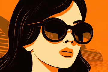 Poster - Woman in sunglasses in the style of light orange and dark black, vintage-inspired. Generative AI