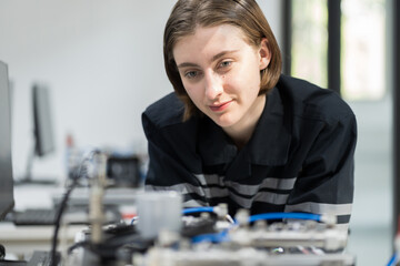 Wall Mural - Female engineer assembling computer parts and mechatronics engineering in manufacturing automation and robotics room. Female technician setup electronic circuit board of computer