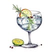 Gin and tonic Cocktail isolated on white drawn with watercolor (generative AI)