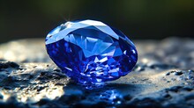 Close-up Of A Bright Blue Sparkling Sapphire Mineral. Blurred Background. Generative Ai