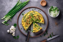 Traditional Italian Vegetable Frittata With Zucchini, Spring Onion And Cheese Served As A Top View On A Nordic Design Plate With Copy Space, Generate Ai