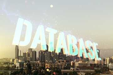 Poster - Double exposure of Database word sign on Los Angeles city skyline background, global research and analytics concept