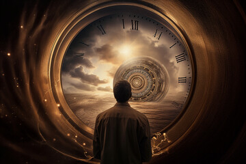 Wall Mural - Abstract concept of time passing by. Human silhouette and old clock representing past time. Turn back time concept. Melancholic mood. Generative AI