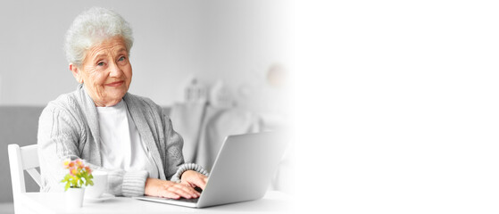 Senior woman using laptop at home. Banner for design