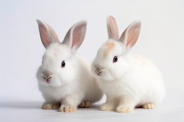 Wall Mural - Front view of cute baby rabbits on white background, Little cute rabbits sitting with Lovely action on white, Generative Ai