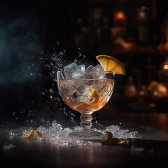 Wall Mural - Cocktail with ice in a luxury setting. Cocktail party in a light setting with white props. Bright alcoholic drink in neural color tones. Realistic 3D illustration. Generative AI