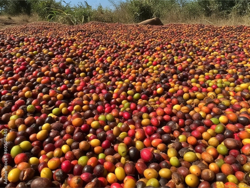 Ethiopian red and green coffee cherries lying to dry in the sun. This ...