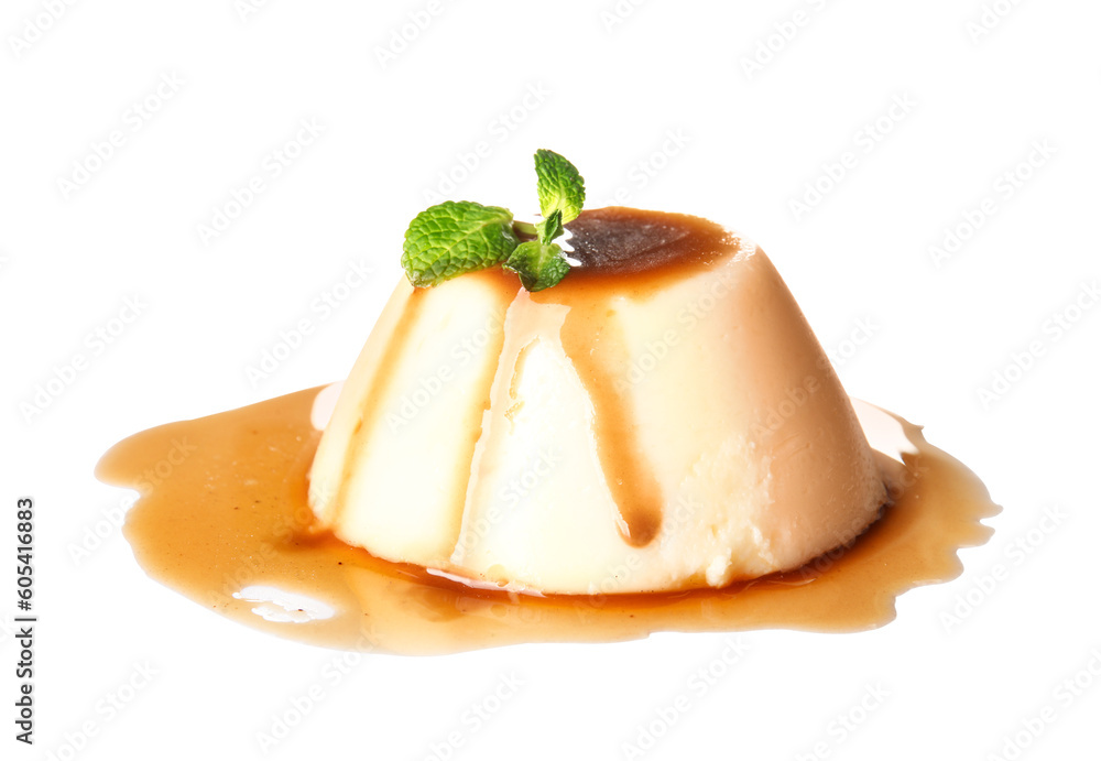 Delicious pudding and mint covered by caramel syrup isolated on white background