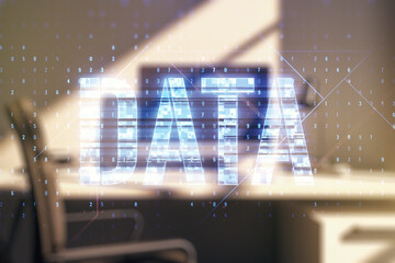 Wall Mural - creative data word hologram and modern desk with computer on background, big data and blockchain con