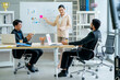 © narong - Asian business woman stand in front of board to present project for manager and co-worker in office with day light.
