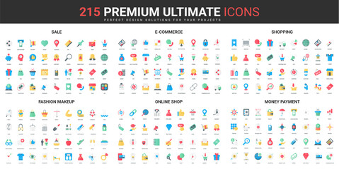 Poster - Sales of online retail store, beauty makeup, money payment color flat icons set vector illustration. Abstract symbols of ecommerce and quality, orders in shop simple design for mobile and web apps