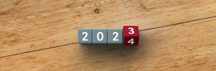 Wall Mural - 3d cubes with the years 2023-2024 on a wooden background