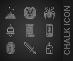 Sticker - Set Decree, parchment, scroll, Medieval sword, Burning candle, Tarot cards, Magic runes, Ringing alarm bell, Spider and powder icon. Vector