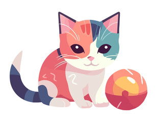 Sticker - Cute kitten playing with toy ball vector illustration