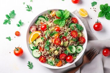 Quinoa tabbouleh salad with red cherry tomatoes, orange paprika, avocado, cucumbers and parsley. Traditional Middle Eastern and Arabic dish. White table background, top view, generate ai