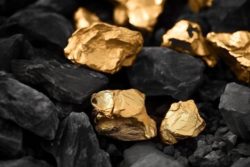 Shiny gold nuggets on coals, closeup view, generate ai