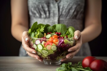 A view of a young woman's hands holding a glass bowl full of a healthy mixed salad, generate ai