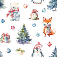 Watercolor Christmas Pattern With Polar Bear, Fox, Penguin, Christmas Trees And Gift Boxes Isolated On White Background. 