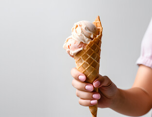 Canvas Print - Hand holding ice cream cone on white background. Banner, advertisement