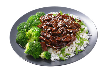 Wall Mural - plate of  teriyaki beef, rice, broccoli and sesame seeds isolated on transparent background