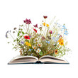 Open book with flowers isolated on white background. Generative AI