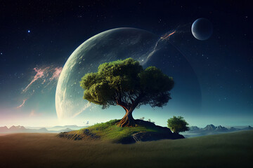 Wall Mural - 3d render of a tree on a grassy hill against a space sky with planets. generative ai