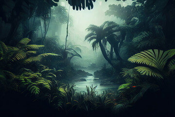 Exotic foggy forest jungle panorama forest oasis foggy dark forest. Generative Ai