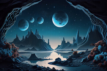Wall Mural - futuristic fantasy night landscape with abstract islands and night sky with space galaxies. generati