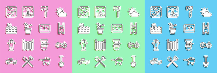 Wall Mural - Set line Shovel, Tractor, Garden worker clothes, Wooden axe, Plant in pot, bed, and Chicken egg icon. Vector