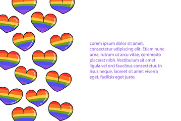 Wall Mural - LGBT rainbow flag hearts background. Poster, banner template for Pride month with doodle love symbols, copy space for text. Hand drawn flat vector illustration