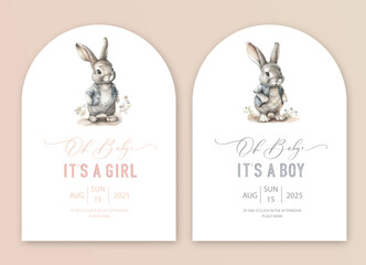 Wall Mural - Cute baby shower watercolor invitation card for baby and kids new born celebration. Its a girl, Its a boy card with watercolor bunny.generative ai