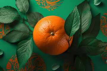 Still life illustration with creative unusual orange isolated on orange background. Orange artwork. High angle tasty orange. Realistic 3D illustration. Generative AI