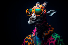 Fashion Photo Of An Anthropomorphic Giraffe Dressed In Large 80s Hiphop Clothing, Tennis,volumetric Lighting