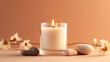 © innluga - Vanilla burning candle on beige background. Warm aesthetic composition with stones and flowers. Home comfort, Spa, Relax, Aromatherapy. Generative AI