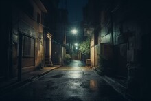 Spooky Urban Scene At Night With Dim Alleyway In Residential Area. Generative AI