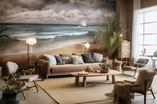Living Room With Beach Mural And Couch. Generative AI