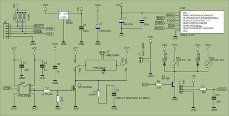 Vector pattern of electronic components and conductors.
Connection of peripheral devices to the microcontroller.
Electrical
schematic diagram of an electronic device.
Electric background.