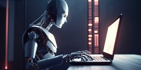 Wall Mural - artificial intelligence robot using computer software for gpt binary coding. distinct generative ai 
