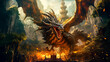 An Image of a Flying Dragon with Fire Coming from It, in the Style of Grandiose Ruins, Generative AI